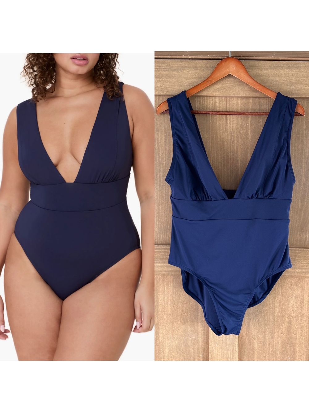 Andie Mykonos Deep Plunge Neck One Piece Swimsuit in Navy Women’s sz Large Tall
